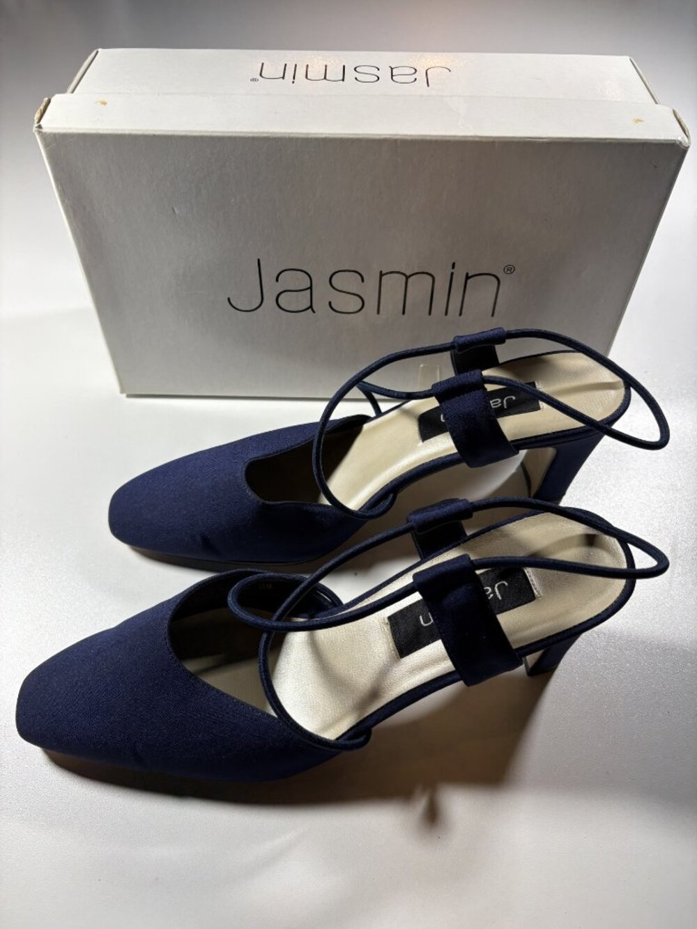 Jasmin Dreama Navy Slingback Block Heel Pumps Women's Size 10 Fabric Pointed Toe